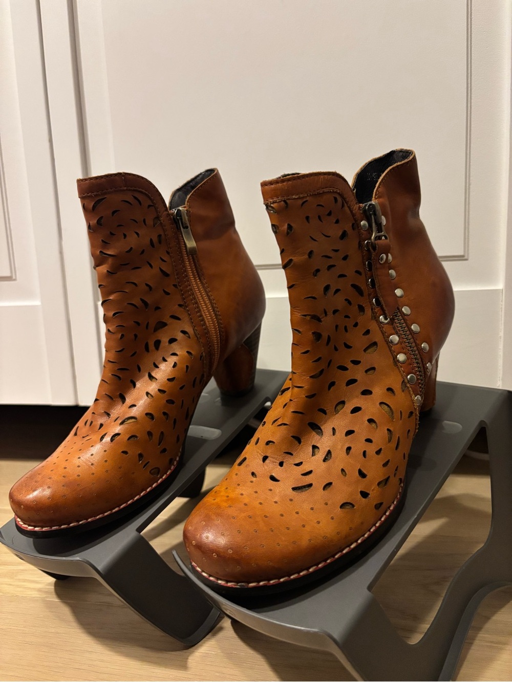 Women's Perforated Tan Leather Ankle Booties with Side Zip